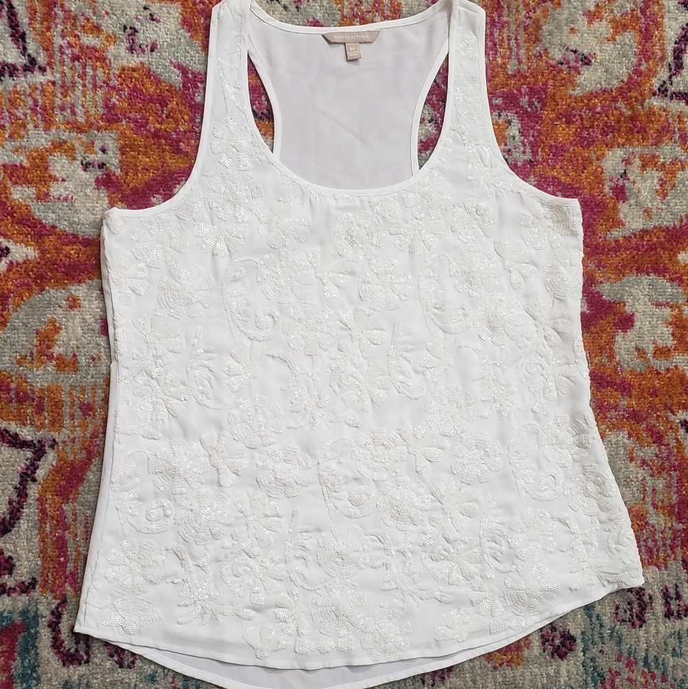 Banana Republic white floral sequin tank M